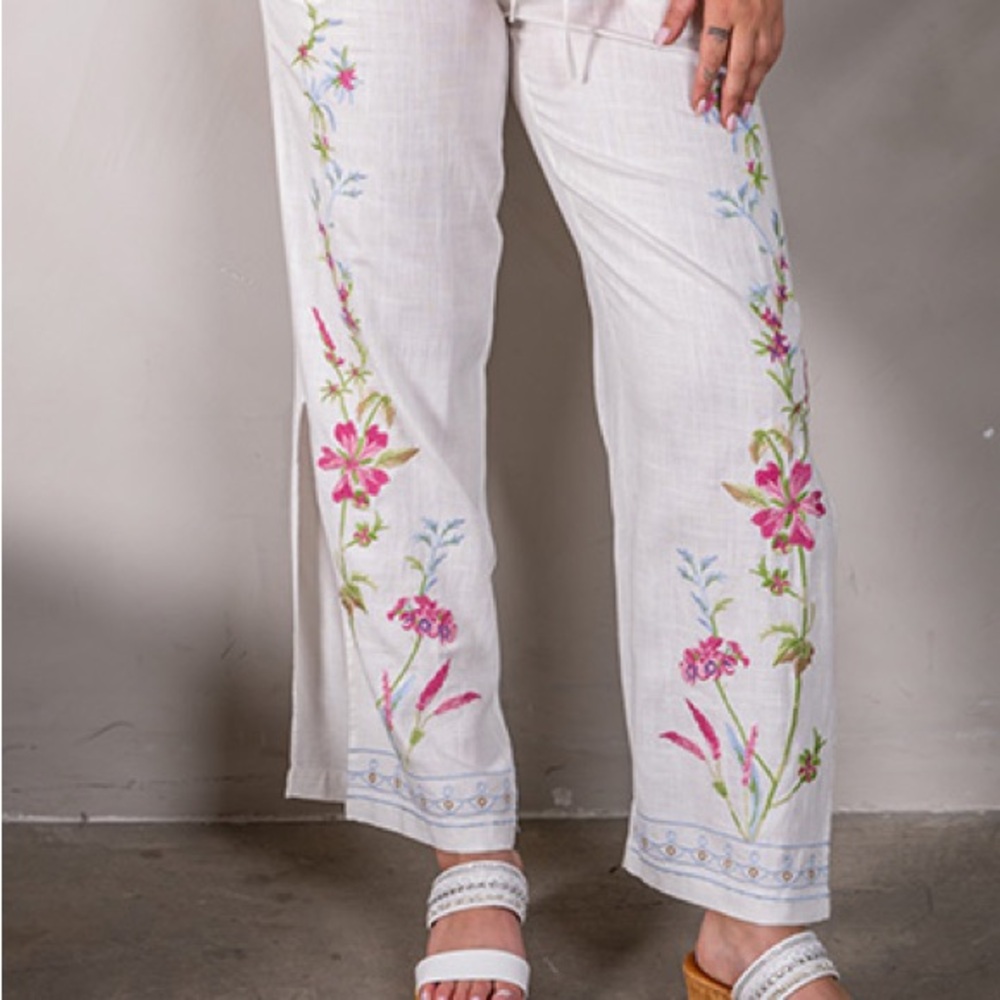 Paparazzi White and Pink Wide Leg Pants with Floral Embroidery